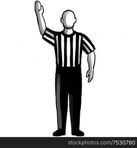 Black and white illustration of a basketball referee or official with hand signal showing stop clock viewed from front on isolated background done retro style.. Basketball Referee stop clock Hand Signal Retro Black and White