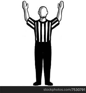 Black and white illustration of a basketball referee or official with hand signal showing 3-point field goal successful viewed from front on isolated background done retro style.. Basketball Referee 3-point field goal successful Hand Signal Retro Black and White