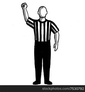 Black and white illustration of a basketball referee or official with hand signal showing stop clock for foul viewed from front on isolated background done retro style.. Basketball Referee stop clock for foul Hand Signal Retro Black and White