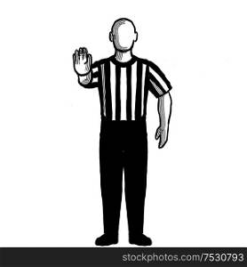 Black and white illustration of a basketball referee or official with hand signal showing directional signal viewed from front on isolated background done retro style.. Basketball Referee directional signal Hand Signal Retro Black and White