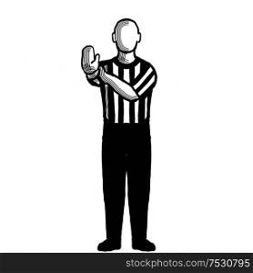 Black and white illustration of a basketball referee or official with hand signal showing hand check viewed from front on isolated background done retro style.. Basketball Referee hand check Hand Signal Retro Black and White