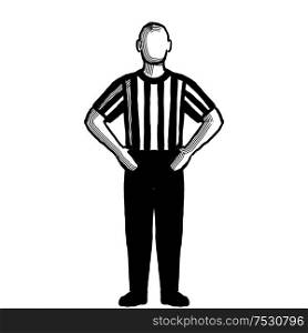 Black and white illustration of a basketball referee or official with hand signal showing blocking viewed from front on isolated background done retro style.. Basketball Referee Blocking Hand Signal Retro Black and White