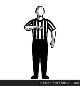 Black and white illustration of a basketball referee or official with hand signal showing visible count viewed from front on isolated background done retro style.. Basketball Referee visible count Hand Signal Retro Black and White