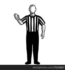 Black and white illustration of a basketball referee or official with hand signal showing 5-second violation viewed from front on isolated background done retro style.. Basketball Referee 5-second violation Hand Signal Retro Black and White