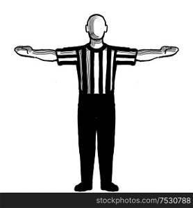Black and white illustration showing a basketball referee or official with hand signal of 60-second time-out viewed from front on isolated background done retro style.. Basketball Referee 60-second time-out Hand Signal Retro