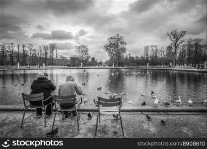 Black and white image in the Louvre Garden, from Paris, France, where a Parisian couple feeds a myriad of city birds, pigeons, ducks and seagulls.