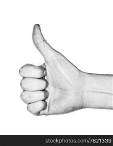 "Black and white image of a hand making a "thumb up" gesture. Photographed with ring flash."