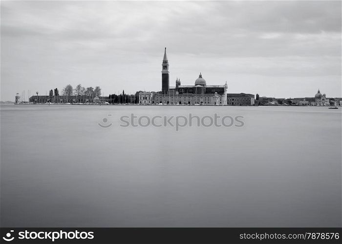 Black and white image of San Giorgio Maggiore Island, Venice, Italy
