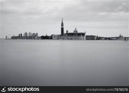 Black and white image of San Giorgio Maggiore Island, Venice, Italy
