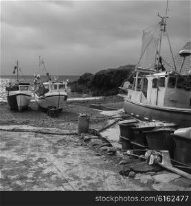 Black and white image of traditional English old fishing village
