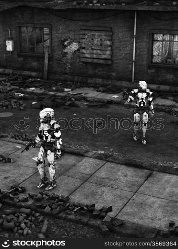 Black and white image of two futuristic robots holding guns, fighting a war in a ruined city.