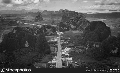 black and white landscape aerial view road connecting the city which has two sides of mountain