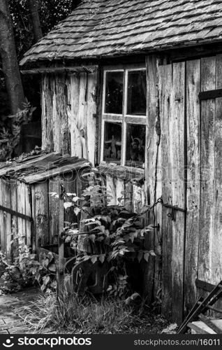 Black and white landscape of old blacksmiths workshop in Victorian era