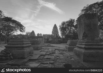 Black and white landscape of Phimai Historical Park. Landmark of Nakhon Ratchasima, Thailand. Travel destinations. Historic site is ancient. Ancient building. Khmer temple classical architecture.