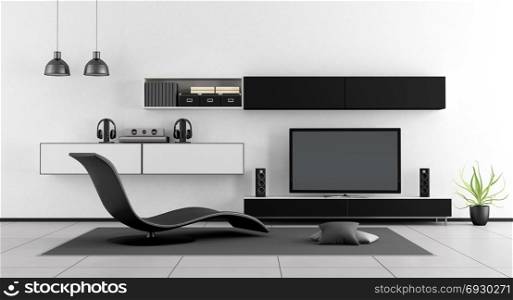 Black and white living with tv - 3d rendering