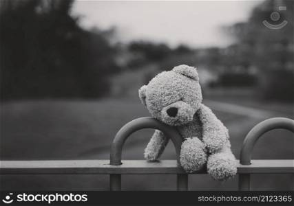 Black and white Lost teddy bear sitting on bench at playground in gloomy day,Lonely and sad face bear doll lied down alone in the park, lost toy,Loneliness concept, International missing Children day