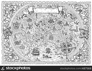 Black and white map of fantasy land with nautical compass, pirates, vignette banner. Hand drawn graphic illustration, old transportation background in vintage style