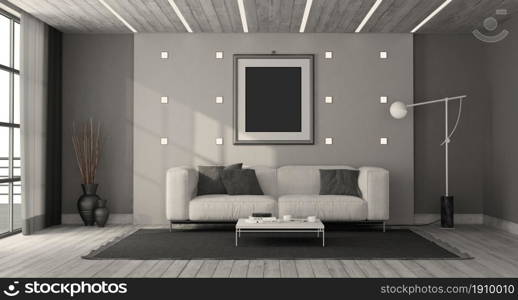 Black and white minimalist living room with modern sofa, coffee table and led light on ceiling - 3d rendering. Black and white minimalist living room