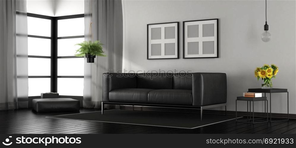 Black and white modern living room. Black and white modern living room with leather sofa and footstool - 3d rendering