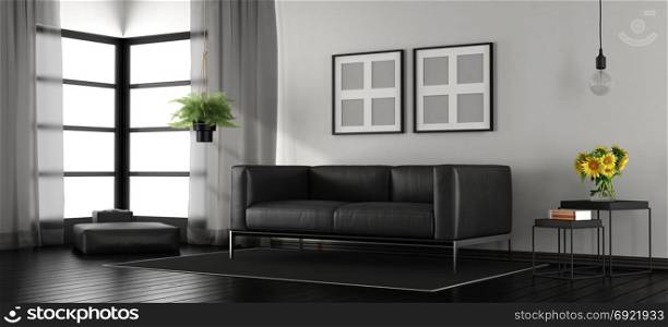 Black and white modern living room. Black and white modern living room with leather sofa and footstool - 3d rendering
