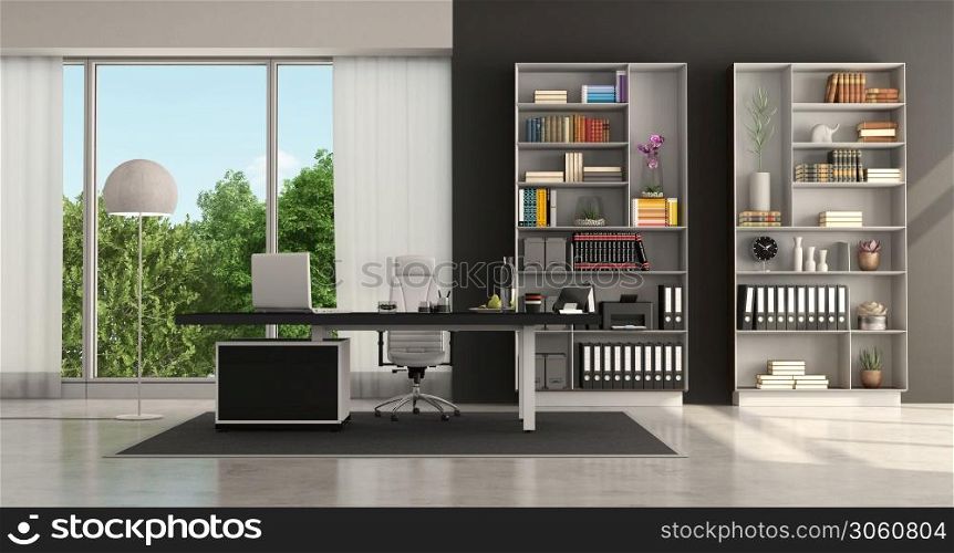 Black and white modern office with desktop and bookcase - 3d rendering. Black and white modern office
