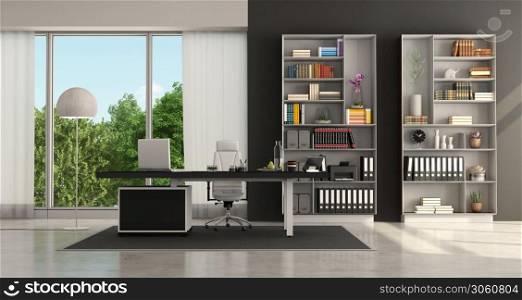 Black and white modern office with desktop and bookcase - 3d rendering. Black and white modern office