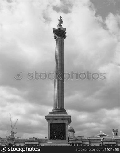Black and white Nelson Column in London. Nelson Column monument in Trafalgar Square in London, UK in black and white