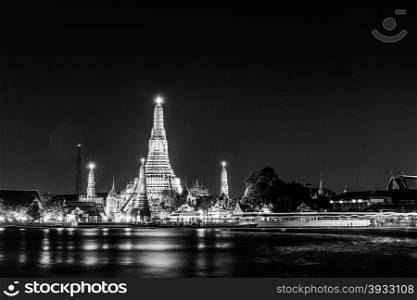 Black and white of Wat arun also call temple of dawn located near Chaophraya river in Bangkok , Thailand
