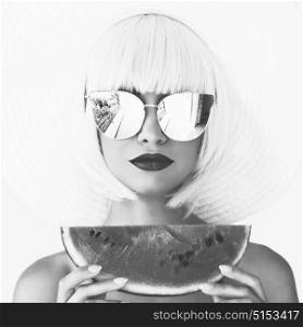 Black and white outdoor fashion photo of young beautiful lady in hat and sunglasses with watermelon. Summer Beach travel. Summer vibes