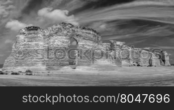 black and white panorama of chalk formations at Monument Rocks National Natural Landmark in Gove County, western Kansas