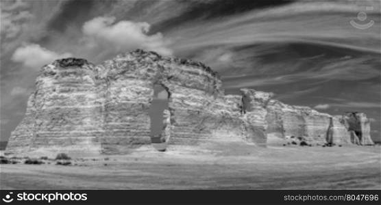 black and white panorama of chalk formations at Monument Rocks National Natural Landmark in Gove County, western Kansas