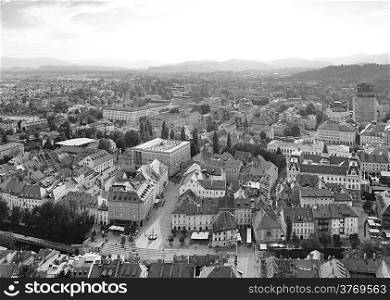 Black and white panorama of Ljubljana city . Slovenia