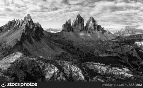 Black and white panorama of Tre Cime and Monte Paterno, Italian Dolomites