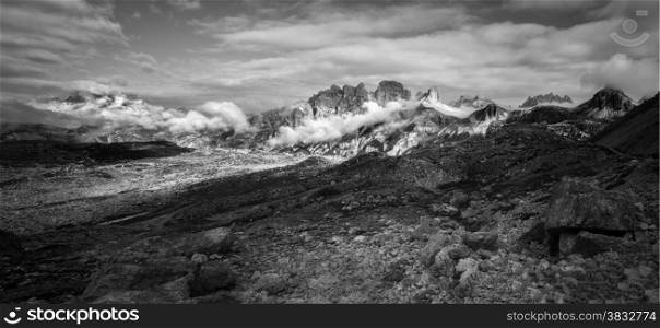 Black and white panoramic view of mountain ridge near Tre Cime, Dolomite, Italy