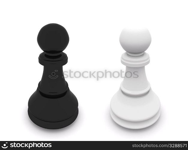 black and white pawns isolated on white. 3D chess