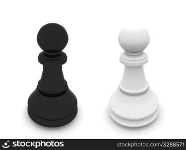 black and white pawns isolated on white. 3D chess