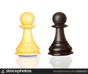 Black and white pawns isolated on white background with reflection on the floor