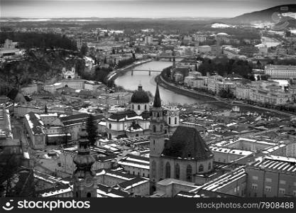 Black and white photo of aerial view of ancient city Salzburg