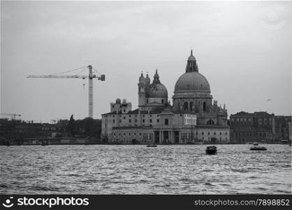Black and white photo of Basilica Santa Maria della Salute, Venice, Italy