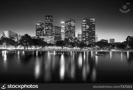 Black and white photo of downtown Los Angeles at night