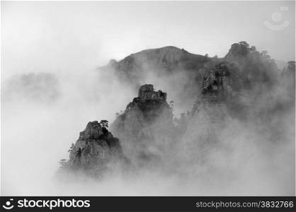 Black and white photo of foggy Demerdzhi mountain, Crimea, Ukraine
