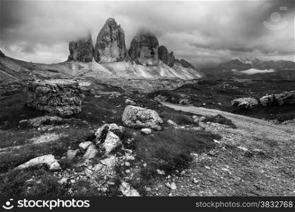 Black and white photo of Tre Cime at cloudy evening, Italian Dolomites