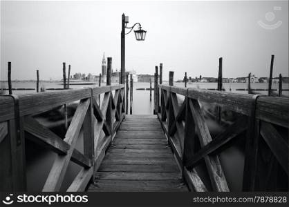 Black and white photo of Venice seafront. Venice, Italy