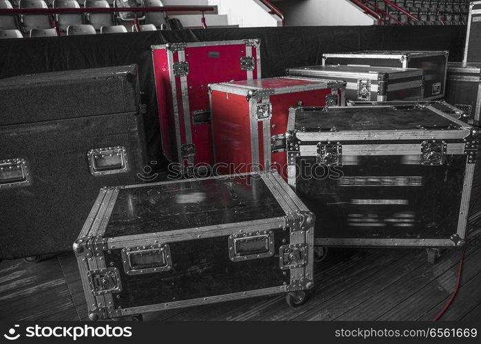 black and white photography. boxes for equipment. preparation for a concert