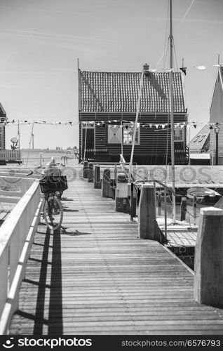 black and white photography. Traditional houses in Holland town Volendam, Netherlands