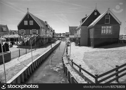 black and white photography. Traditional houses in Holland town Volendam, Netherlands