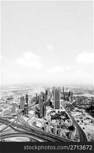Black and white picture of the view over Dubai cityscape