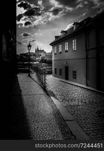 Black and white picturesque corner of old Prague, Czech Republic