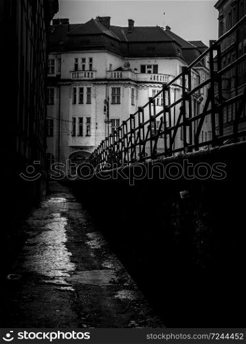 Black and white picturesque corner of old Prague, Czech Republic