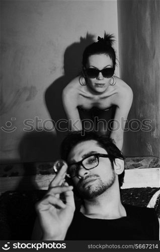 Black and white portrait of a young man and woman